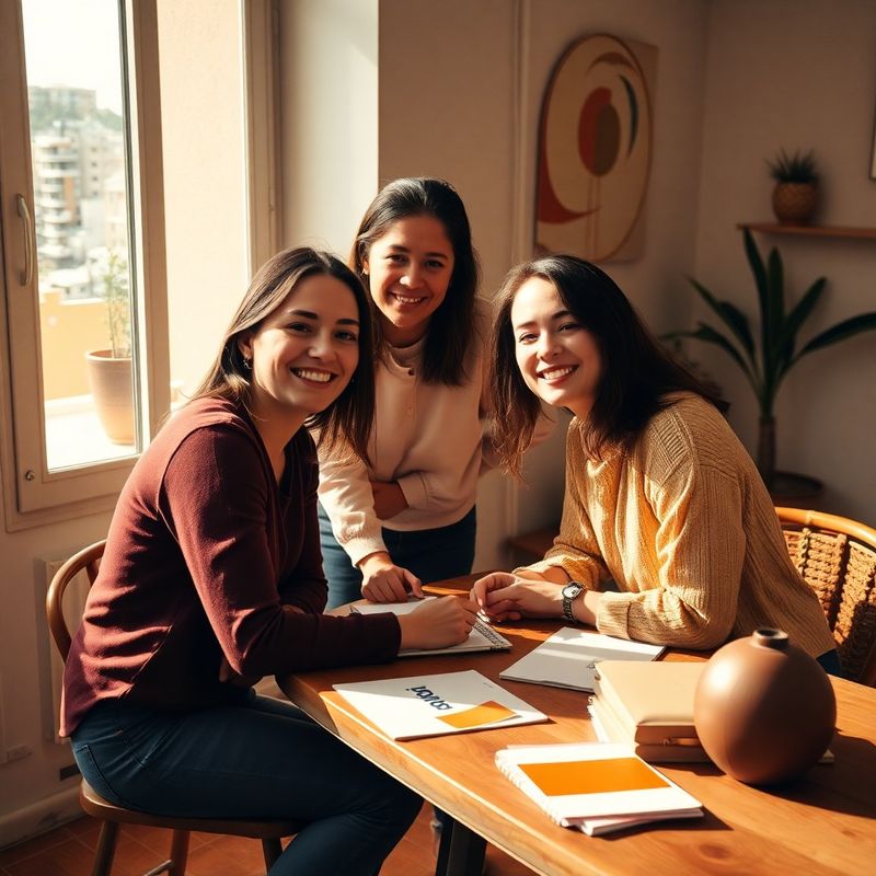 Equipo creativo en un estudio luminoso en Palma con luz cálida ámbar