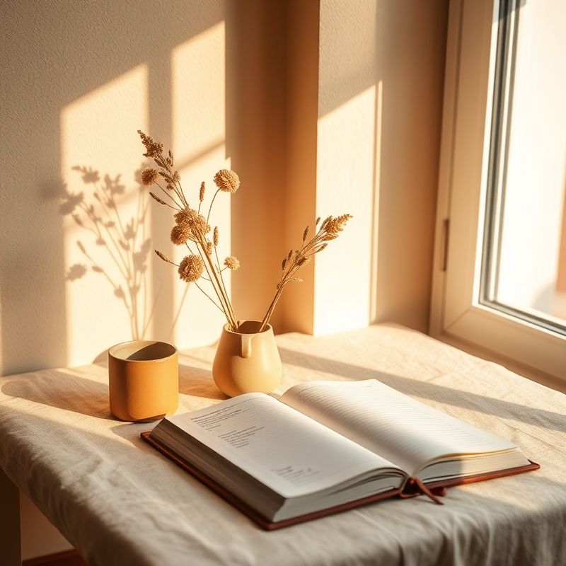 Rincón de escritorio acogedor en un piso mallorquín con luz ámbar y taza de cerámica