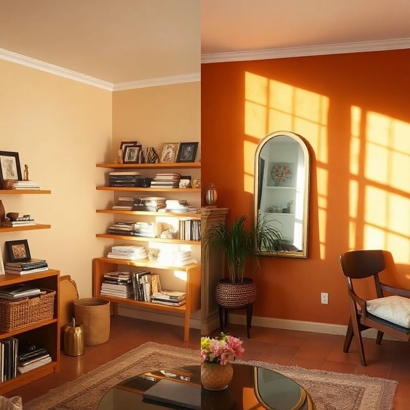 Diptico antes y después de un salón pequeño en Palma con pared terracota y espejo grande