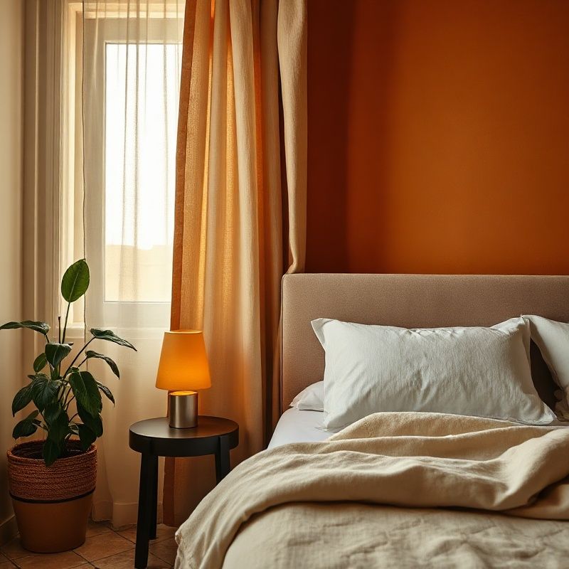 Dormitorio mallorquín con cabecera contra pared sólida, lámpara ámbar y planta potus