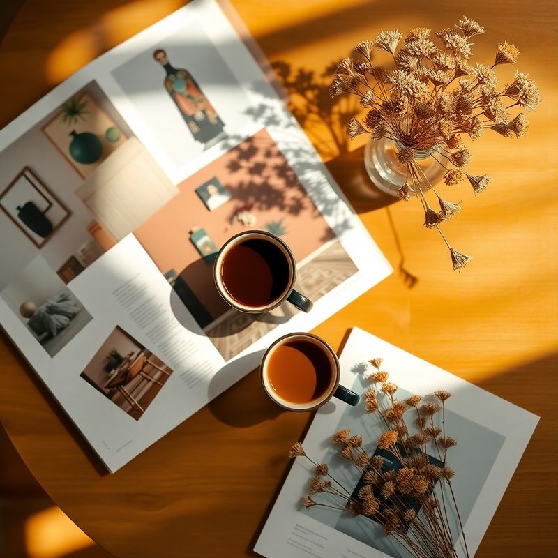Bodegón editorial con revistas de decoración y café sobre mesa de madera ámbar